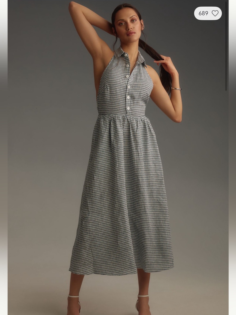 Reformation Tace Dress 100% Linen Ginham Plaid Green White Halter Shirt Dress 8